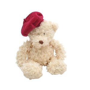 Vintage Shaggy Cream Teddy Bear with Red Beret Plush Stuffed‎ Animal Fiesta 14"